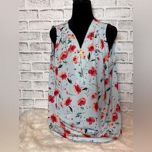 Ellen Tracy Floral‎ Sleeveless Top - Light Blue with Red Flowers